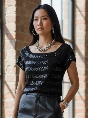 2 FOR $12!  Frank Lyman Sequin Top Black Stretchy Stripe Short-Sleeved Women's 8